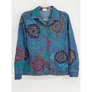 Chicos Design Floral Embroidered Denim Jacket Blue Cotton Boho Art to Wear Sz 0